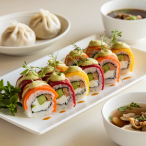Rainbow Veggie Sushi Rolls with Wasabi Mayo – colorful sushi rolls filled with fresh vegetables, served with a creamy wasabi dipping sauce, perfect for healthy meals or party appetizers.