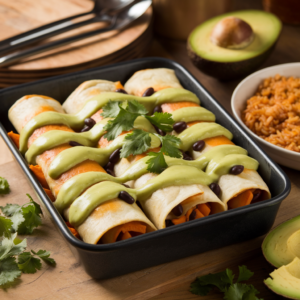"Sweet Potato Black Bean Enchiladas with Avocado Sauce – a vibrant, plant-based dish featuring roasted sweet potatoes and black beans wrapped in tortillas, topped with creamy avocado sauce, perfect for a healthy dinner.